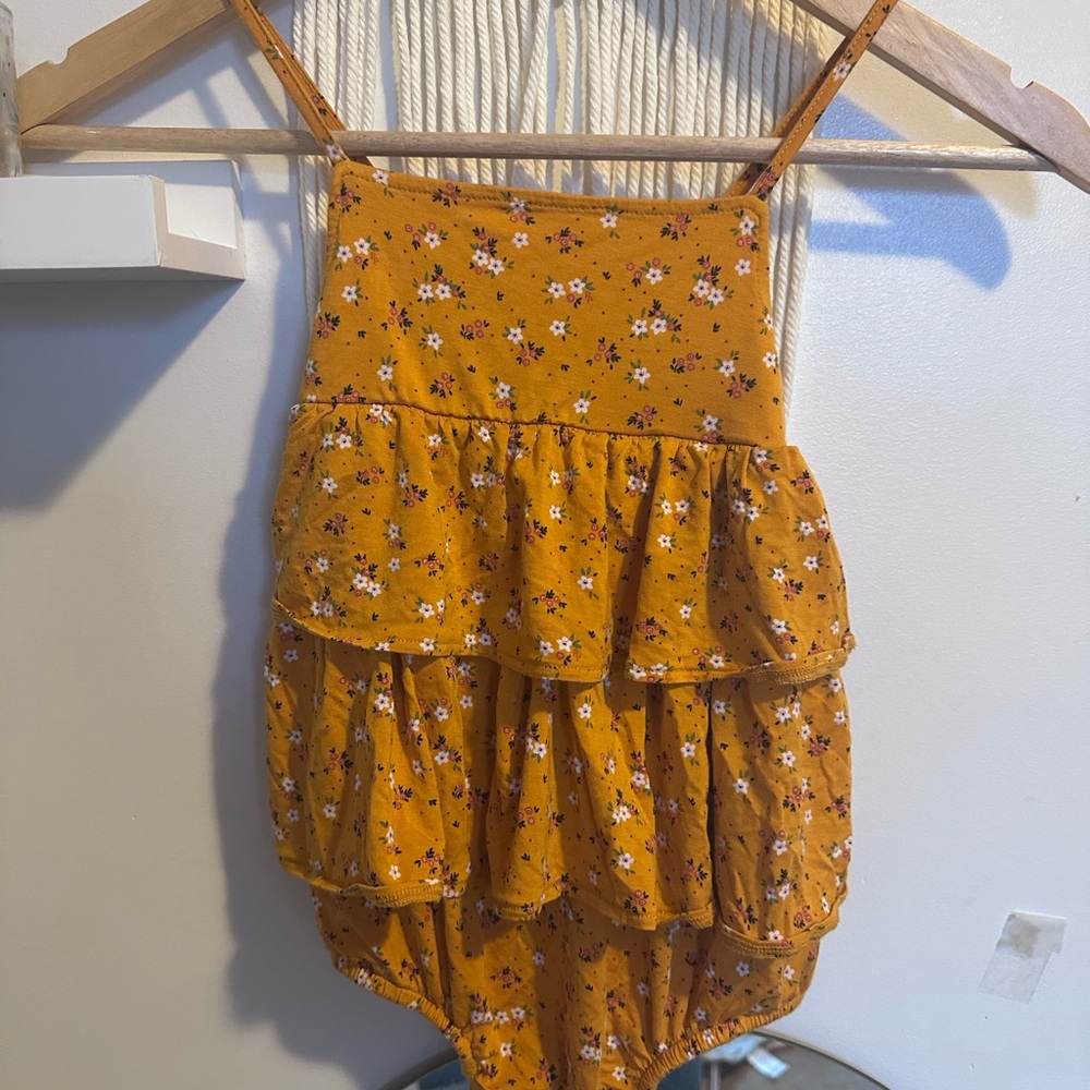 Posh peanut Floral Mustard Yellow Ruffle Romper haisley print